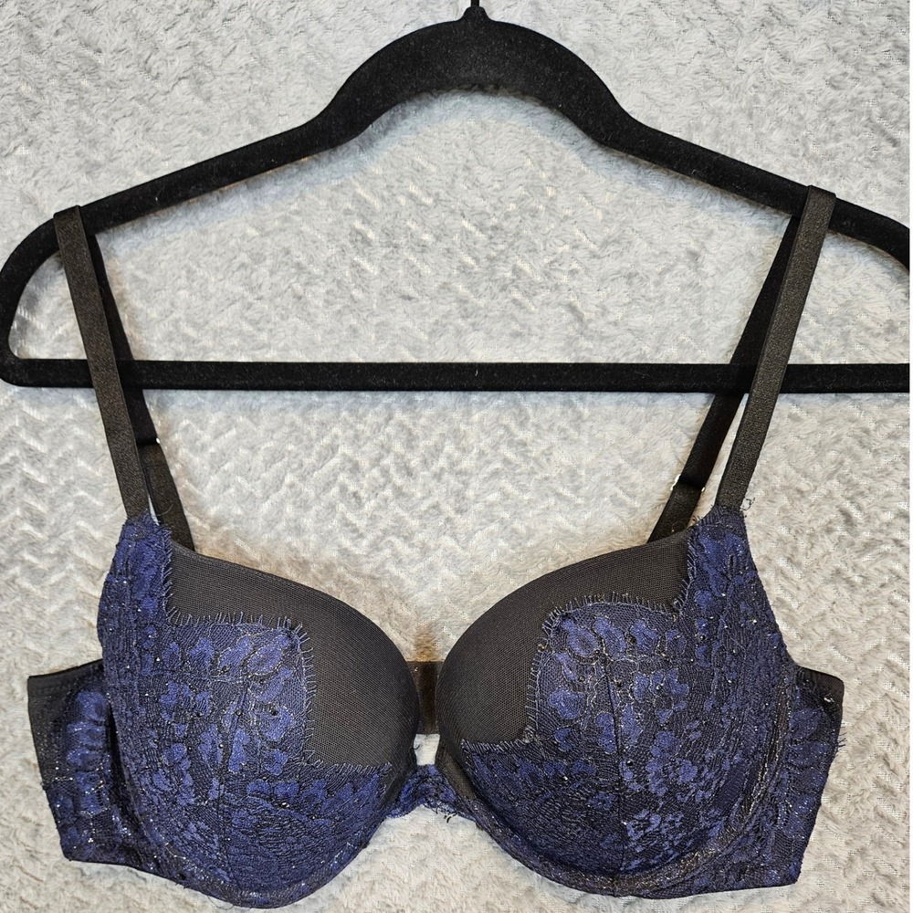 Victoria's Secret Very Sexy Push Up Bra 38C Black Navy Blue Floral Lace Shimmer